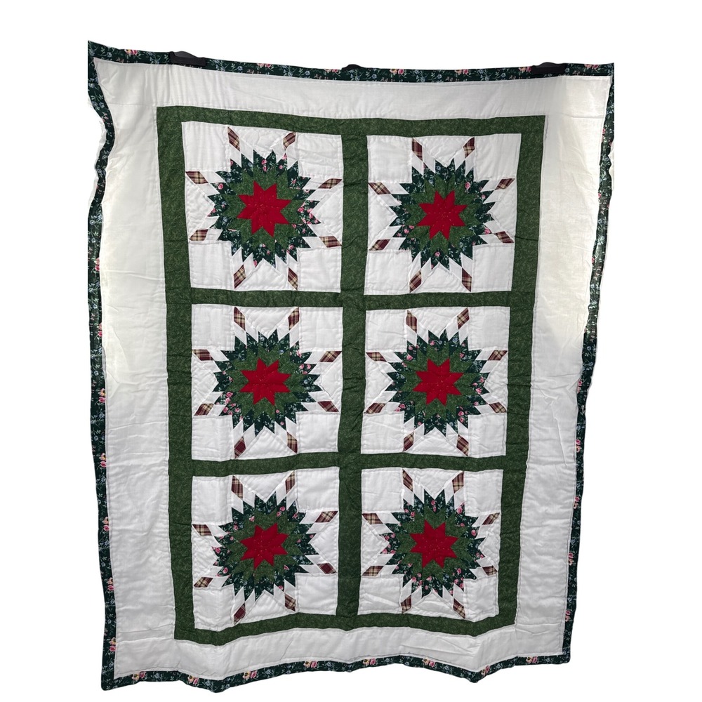 Unbranded Quilt Green Star Patchwork Floral Plaid Christmas Decor 51"w x 58.5